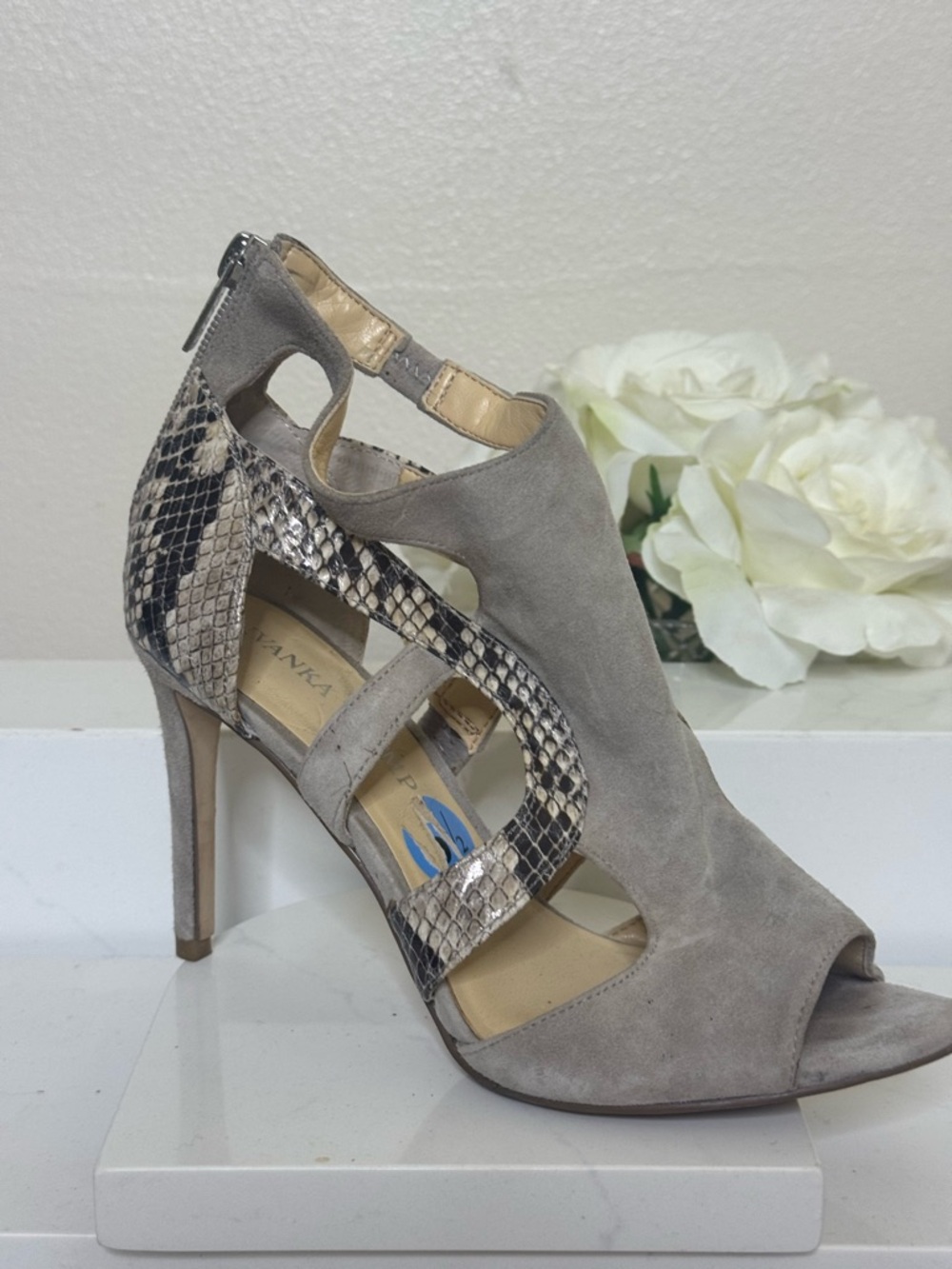 Ivanka Trump Taupe Suede Cutout Stiletto Heels with Snake-Print Trim